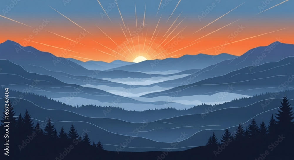 Obraz premium Mountain landscape sunrise vector illustration background scenic nature outdoors travel design wallpaper 100