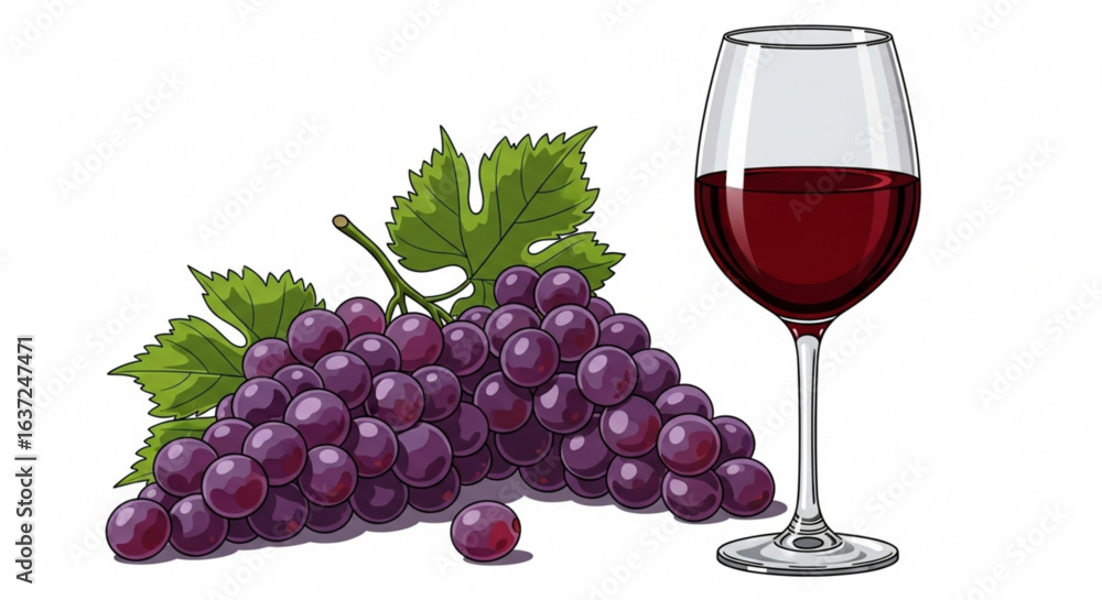 Illustration of red wine in glass with grapes and leaves for beverage and food related designs and concepts Illustration of red wine in glass with grapes and leaves for beverage and food related designs and concepts