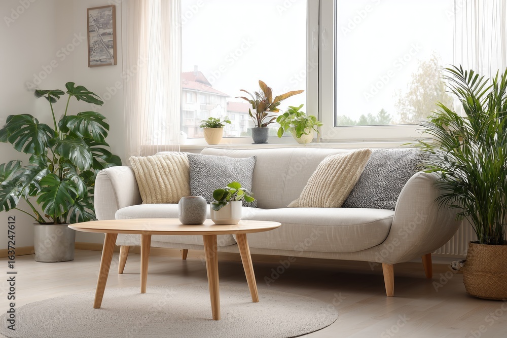 Fototapeta premium minimalist living room with modern sofa, coffee table, indoor plants, natural light, Scandinavian style