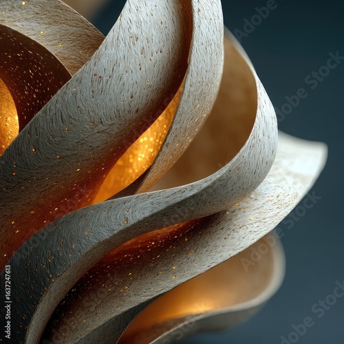Abstract 3D Layered Paper Art: Gold and Beige Curves with Glowing Texture