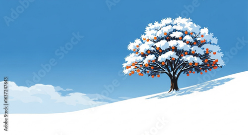 Winter landscape with snow covered tree and orange fruits vector illustration background design art