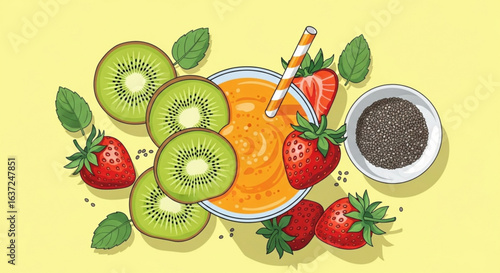 Healthy fruit smoothie recipe with kiwi strawberry and chia seeds for a nutritious breakfast drink 100
