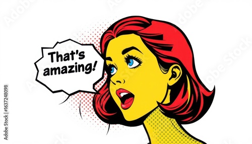 Pop art illustration, portrait of a girl, comic book style, girl looking to the side, mouth open as if speaking, speech bubble with stylized font 