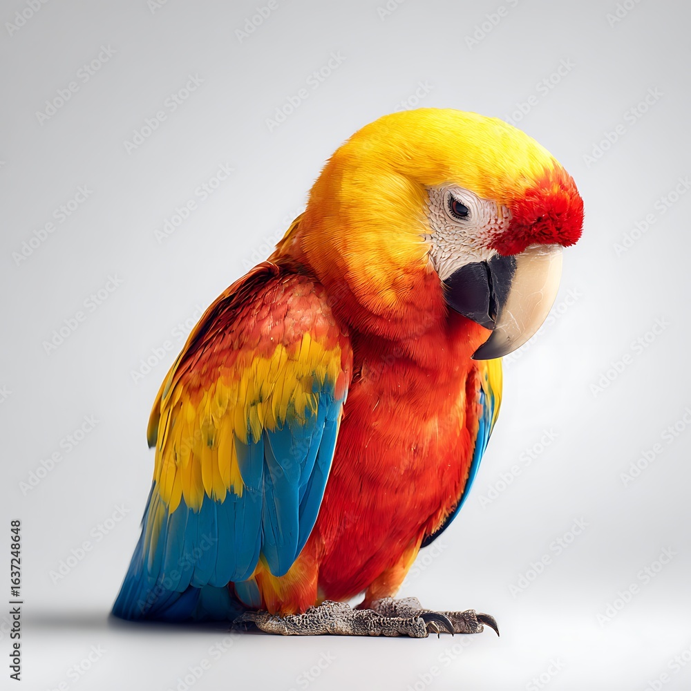 Obraz premium A colorful parrot looks down at the ground, looking sad and lonely.
