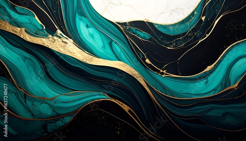 Abstract swirling teal, gold, and black design