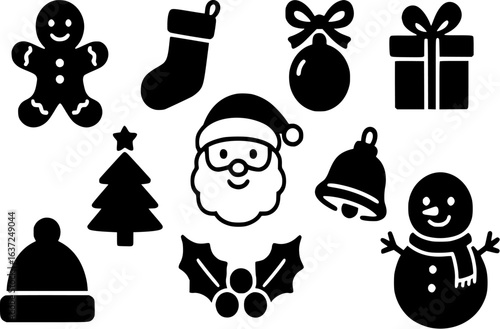 Christmas Icon Set – Santa, Tree, Stocking, Ornament, Bell, Bow & Gift  Clean Black Vector