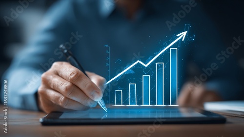 Businessman analyzing financial growth charts on digital tablet, indoor