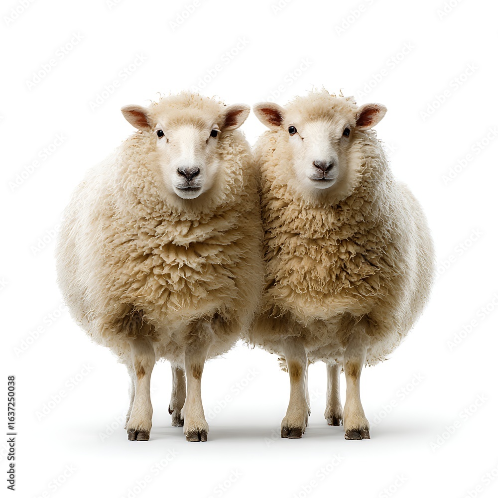 Fototapeta premium A pair of fluffy sheep standing side by side. Friendly composition for children's farm materials.