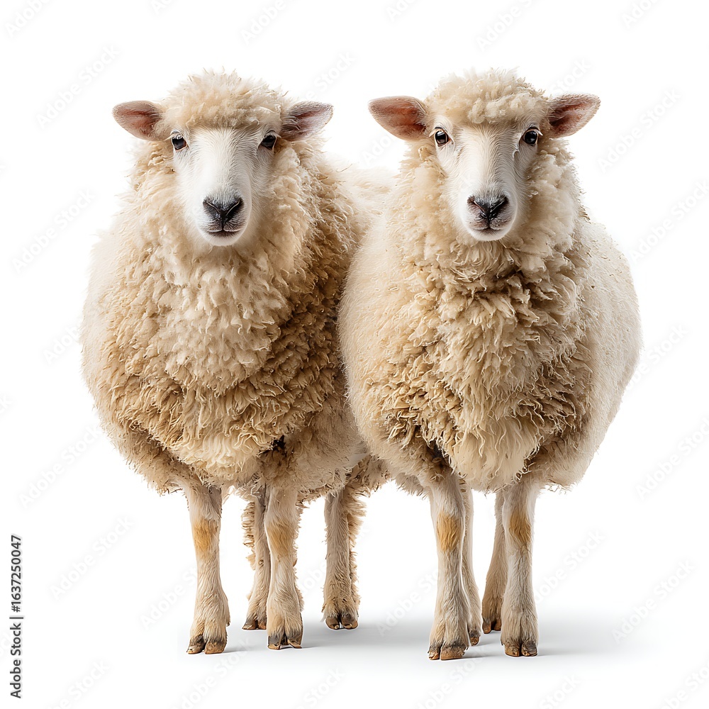 Obraz premium A pair of fluffy sheep standing side by side. Friendly composition for children's farm materials.