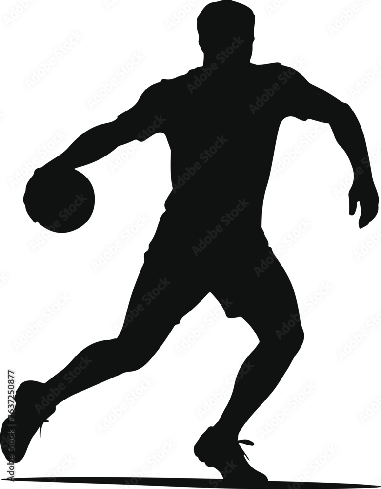 Obraz premium Black Silhouette of Basketball Player Turning with Ball in One Hand, Isolated on White Background