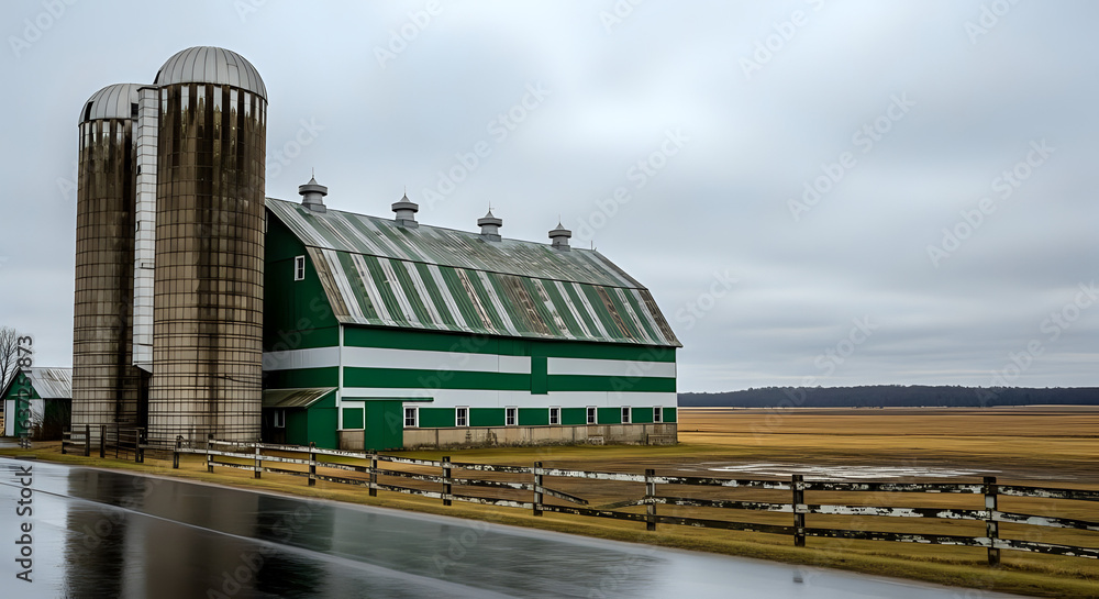Obraz premium Iconic green and white barn with towering silos stands proudly on a rural roadside on an overcast day.