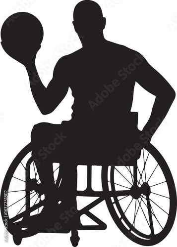 Black Silhouette of an Athlete in a Wheelchair Holding a Basketball, Isolated on White Background