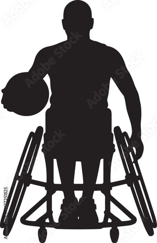 Black Silhouette of an Athlete in a Wheelchair Holding a Basketball, Isolated on White Background