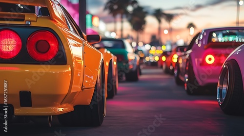 Row of yellow and pink sports cars with custom details wide tires parked on street at sunset for racing or car meet palm trees vibrant urban concept