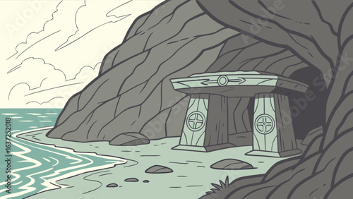 Dolmen tomb on a beach near a cave vector illustration for archaeology and ancient history enthusiasts art
