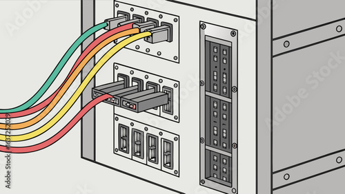 Electrical panel wiring system with colorful cables and connectors for power distribution board design