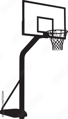 Black Silhouette of Outdoor Basketball Hoop on Pole with Base, Isolated on White Background