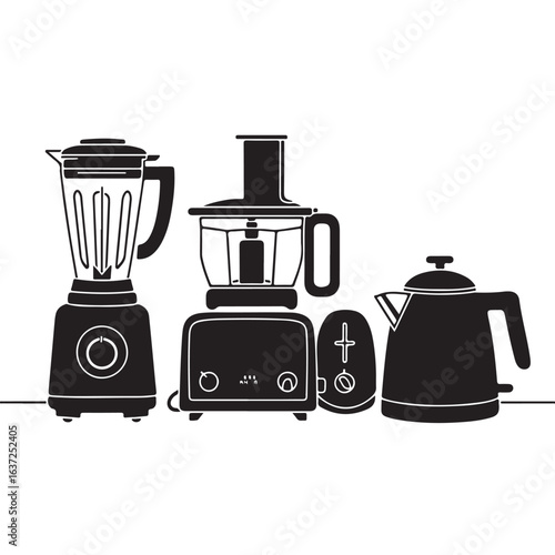 Black Silhouette Kitchen Appliances Blender Food Processor Toaster Kettle Isolated on White Background