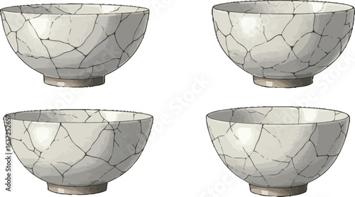 Isolated illustration exhibiting four cracked stoneware bowls side by side