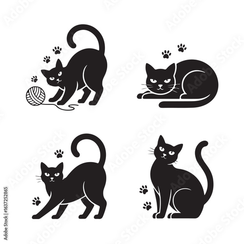 Four Black Cat Silhouettes with Paw Prints and Yarn Ball kitten feline