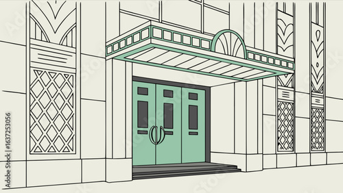 Illustration of art deco building facade with entrance doors and canopy architectural design element style