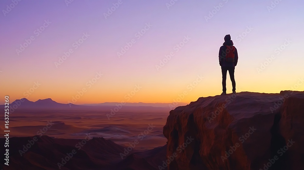 Fototapeta premium Rear view traveler with backpack standing on mountain cliff edge at sunrise for adventure exploration freedom desert panorama travel outdoor inspiration concept