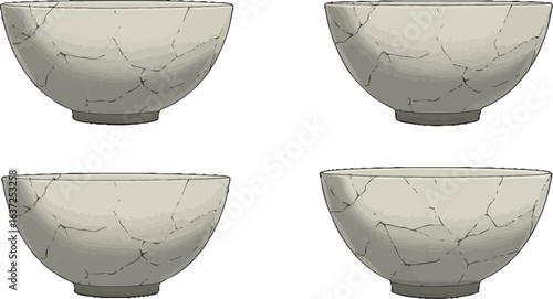 Cracked ceramic bowls composition portraying rustic vintage texture and design
