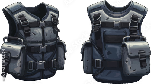 Illustrated protective vest with pouch details rendered with tactical flair
