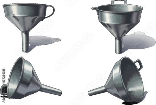 Illustrative collection featuring kitchen funnels in varying perspectives and styles
