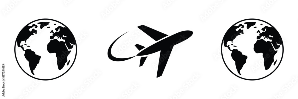 Obraz premium globe icons set with airplane flying around earth for travel tourism world trip journey concept vector