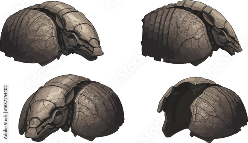 Stone Age Armored Creatures in Different Perspectives and Textured Styles