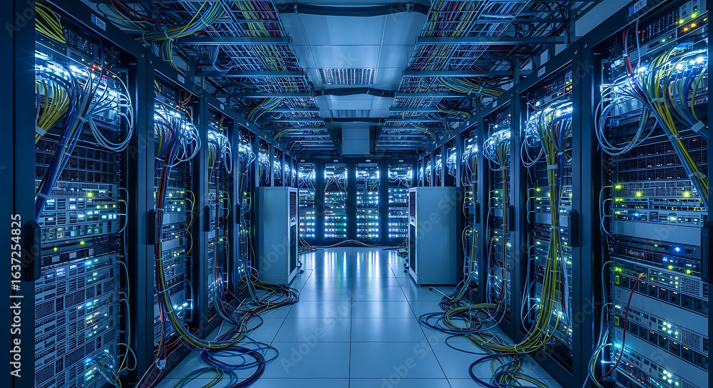 Obraz premium A server room filled with rows of servers and cables illuminated by blue lights in a data center