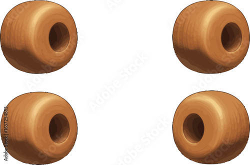 Four wooden spherical beads arranged on a plain white background illustration
