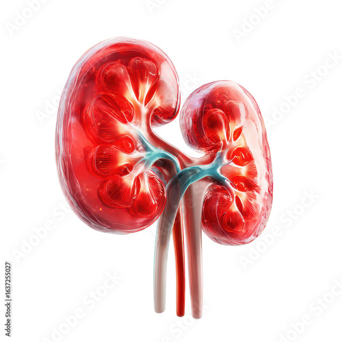 Anatomical illustration of human kidneys showcasing vascular structure and internal details for educational purposes