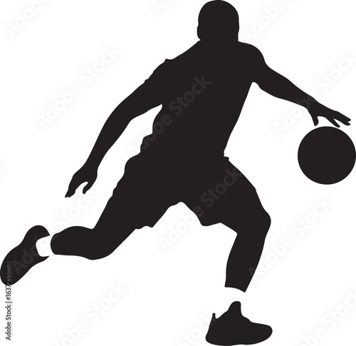Black Silhouette of Basketball Player Performing Crossover Dribble with Ball Close to Floor, Isolated on White Background