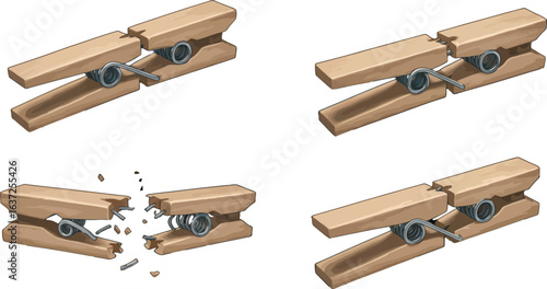 The life cycle of a wooden clothespin showing breakage in four stages