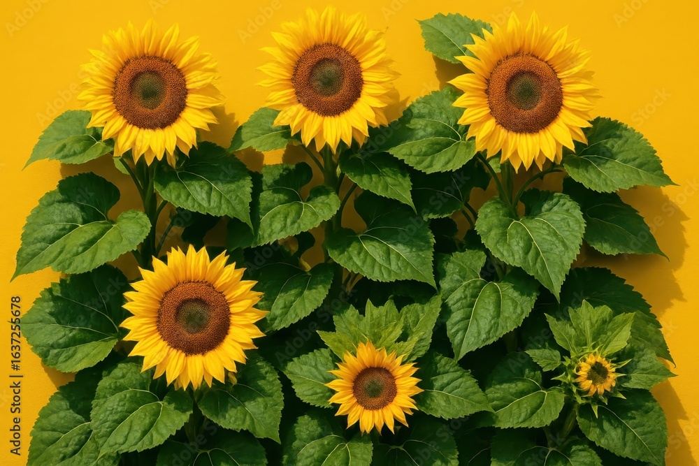 Fototapeta premium Magnificent sunflower field with golden blooms and verdant leaves against brilliant yellow sky backdrop