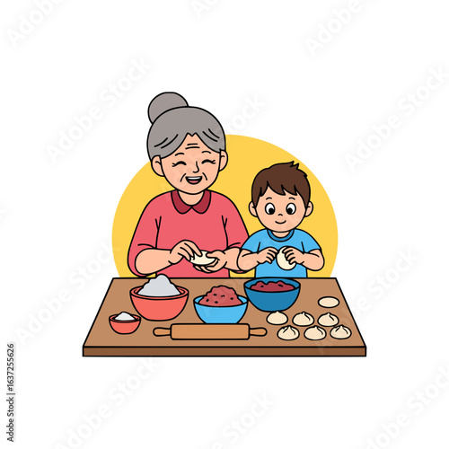 An elderly woman and a young boy prepare dumplings side by side, enjoying a warm and happy moment in the kitchen
