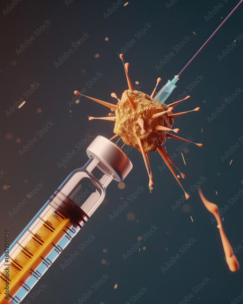 Naklejka premium A stylized syringe injects into a spiked virus, symbolizing the battle between medicine and disease in dynamic detail.