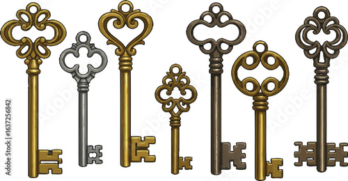Collection of various ornate vintage keys rendered in different metallic colors