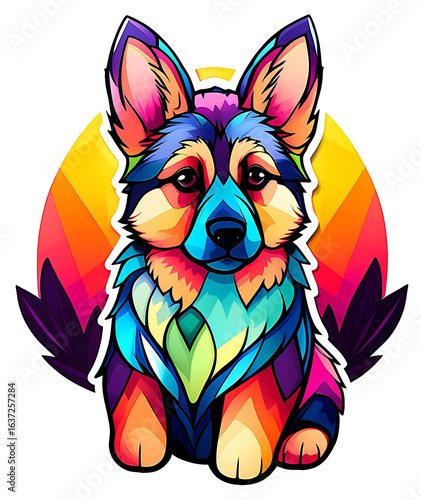 rainbow stained glass design art of an adorable German shepherd dog puppy (transparent background)