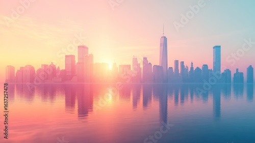 NYC Skyline Sunrise Reflection - Cityscape at Dawn