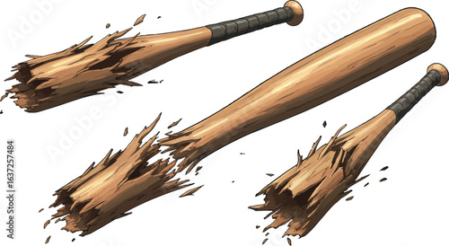 Illustrative shattered baseball bats symbolizing broken power and defeat