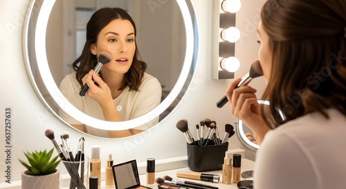 Woman applying makeup in front of a lighted mirror with cosmetic products on the counter space