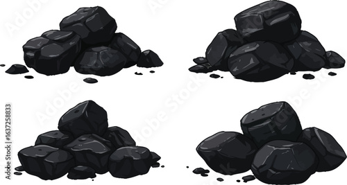 Four coal piles vector cartoon style illustration industrial resource