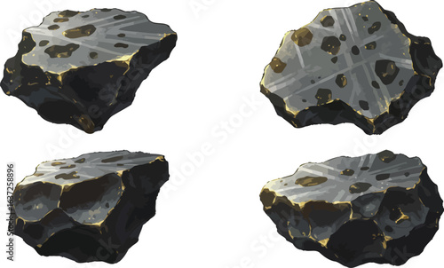 Illustrative depiction of a celestial meteorite rock fragments ensemble