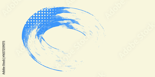 Abstract blue halftone circular brush stroke background featuring dynamic swirl patterns and dotted pixel textures. This bold and energetic design is perfect for pop art compositions,