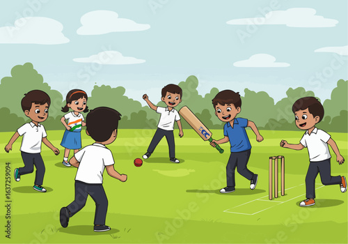 Indian Kids Playing Cricket – Vector Illustration