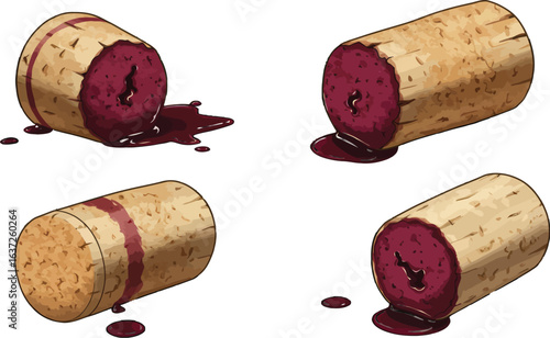 Aromatic journey: Hand-drawn wine corks with lingering wine remnants illustration