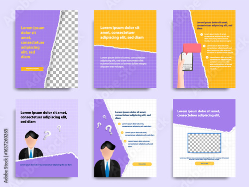 Purple yellow social media tutorial, tips, trick, did you know post banner layout template set with torn paper design element